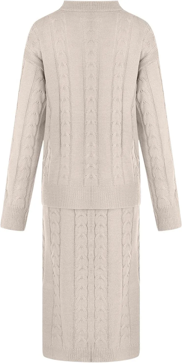 NaRHbrg Plus Size Sweater for Women's Winter Chunky Cable Knit Long Skirt 2 Piece Outfit Sweater Sets Warm Casual Suit