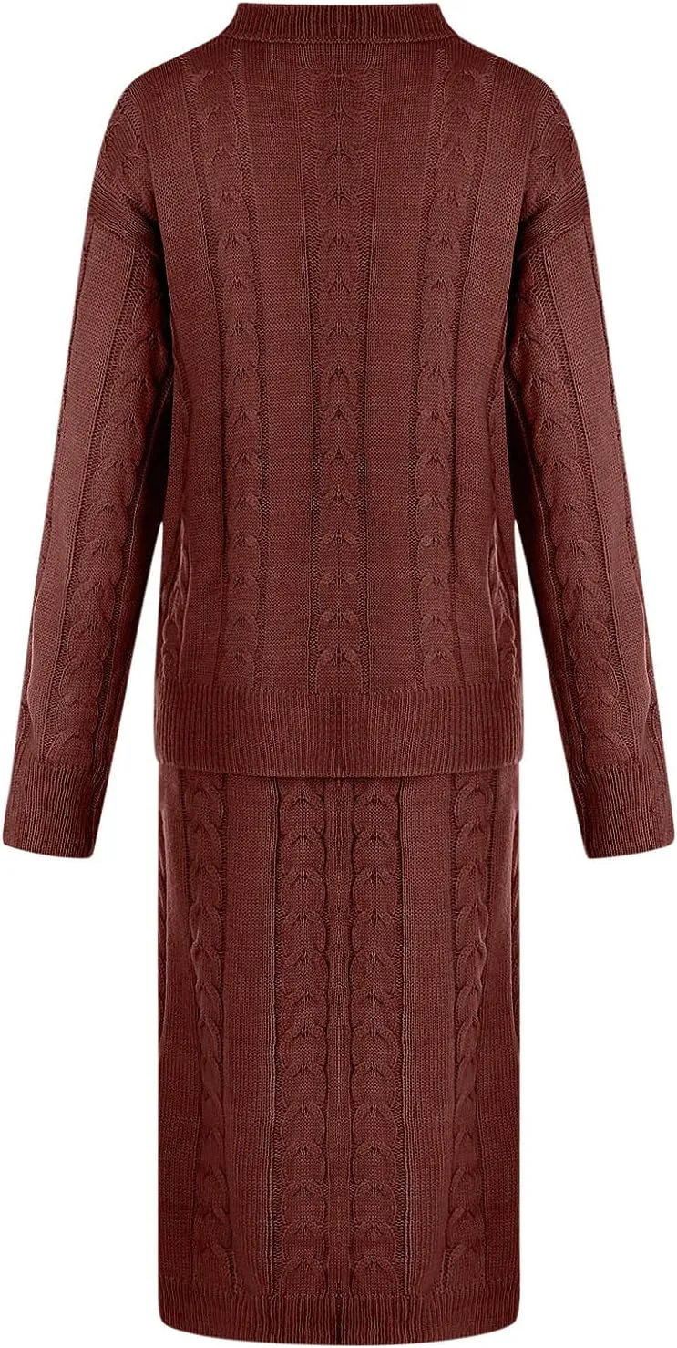 NaRHbrg Plus Size Sweater for Women's Winter Chunky Cable Knit Long Skirt 2 Piece Outfit Sweater Sets Warm Casual Suit