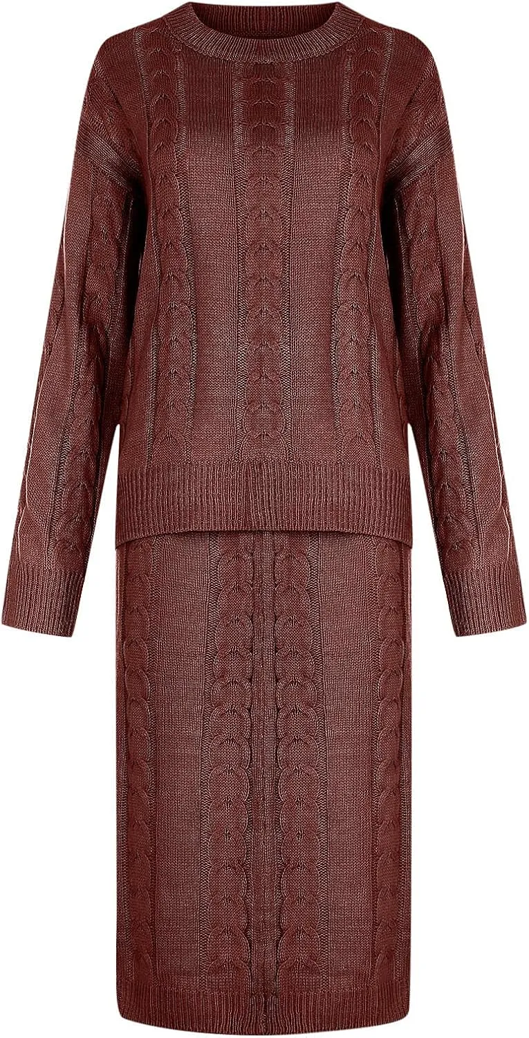 NaRHbrg Plus Size Sweater for Women's Winter Chunky Cable Knit Long Skirt 2 Piece Outfit Sweater Sets Warm Casual Suit