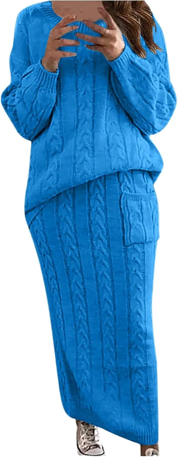 NaRHbrg Plus Size Sweater for Women's Winter Chunky Cable Knit Long Skirt 2 Piece Outfit Sweater Sets Warm Casual Suit