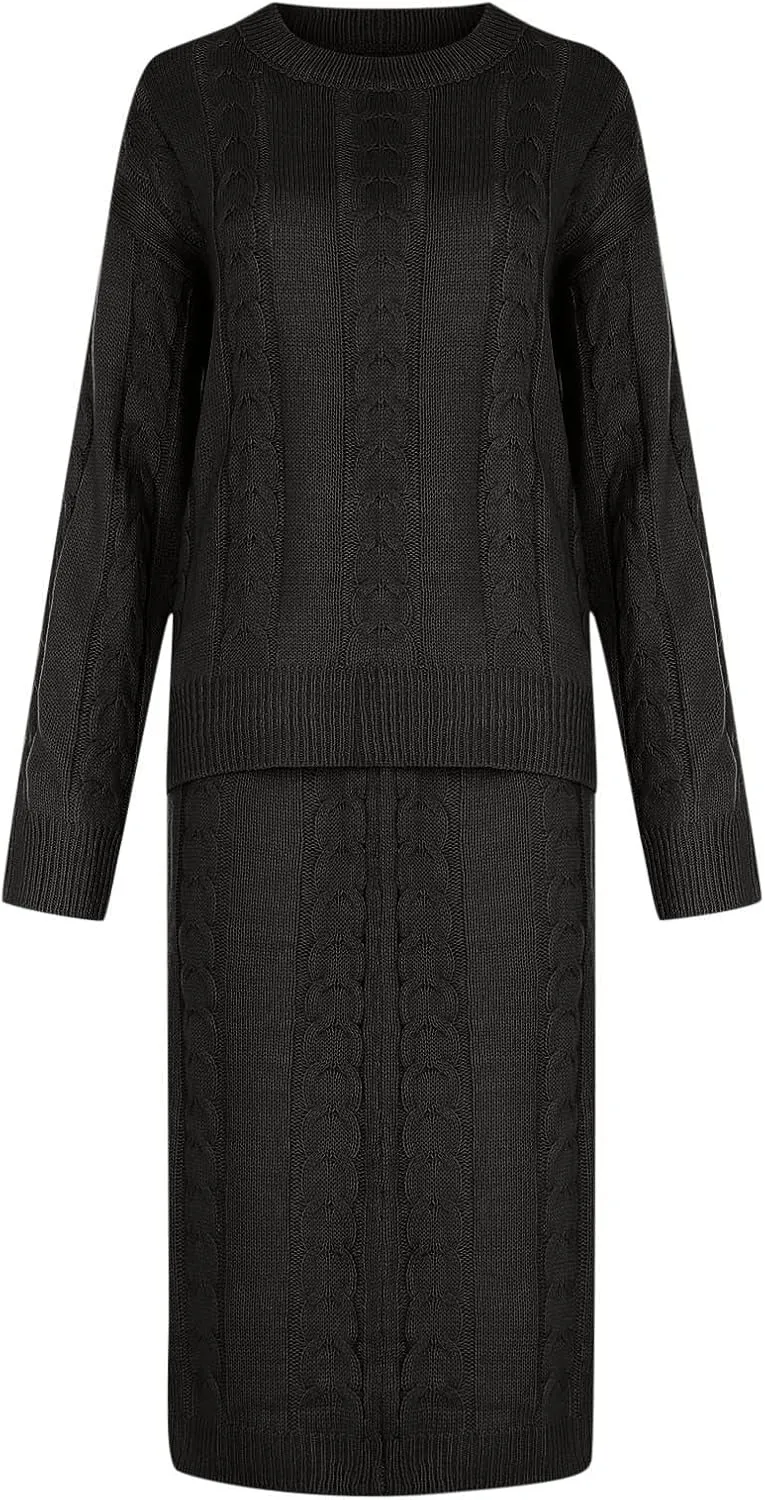 NaRHbrg Plus Size Sweater for Women's Winter Chunky Cable Knit Long Skirt 2 Piece Outfit Sweater Sets Warm Casual Suit