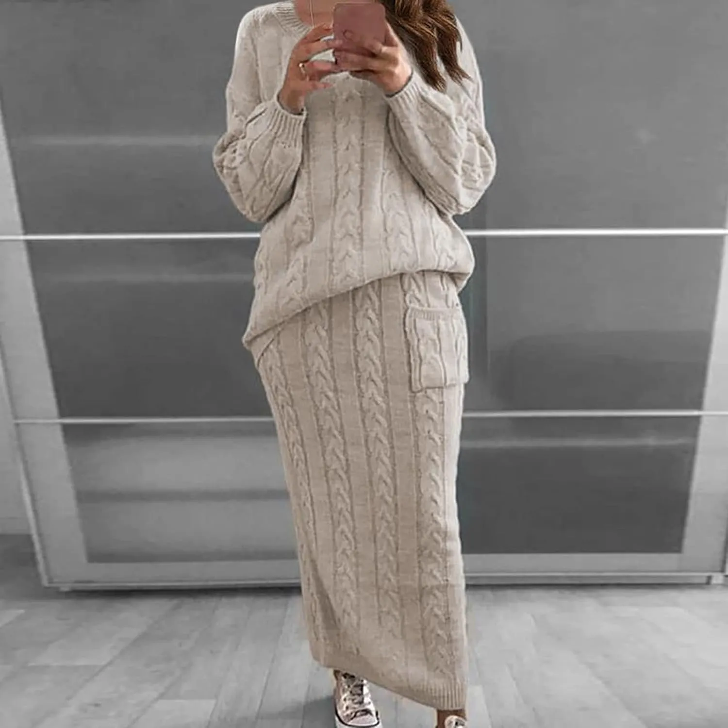 NaRHbrg Plus Size Sweater for Women's Winter Chunky Cable Knit Long Skirt 2 Piece Outfit Sweater Sets Warm Casual Suit