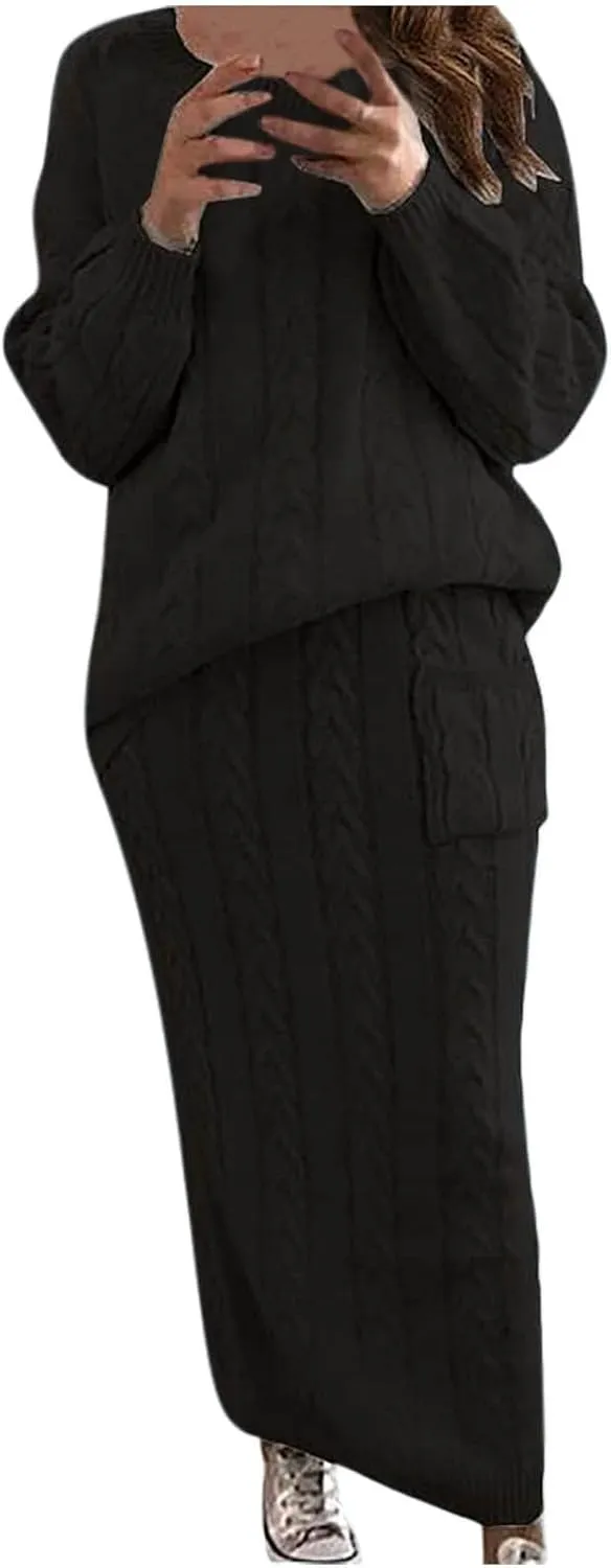NaRHbrg Plus Size Sweater for Women's Winter Chunky Cable Knit Long Skirt 2 Piece Outfit Sweater Sets Warm Casual Suit