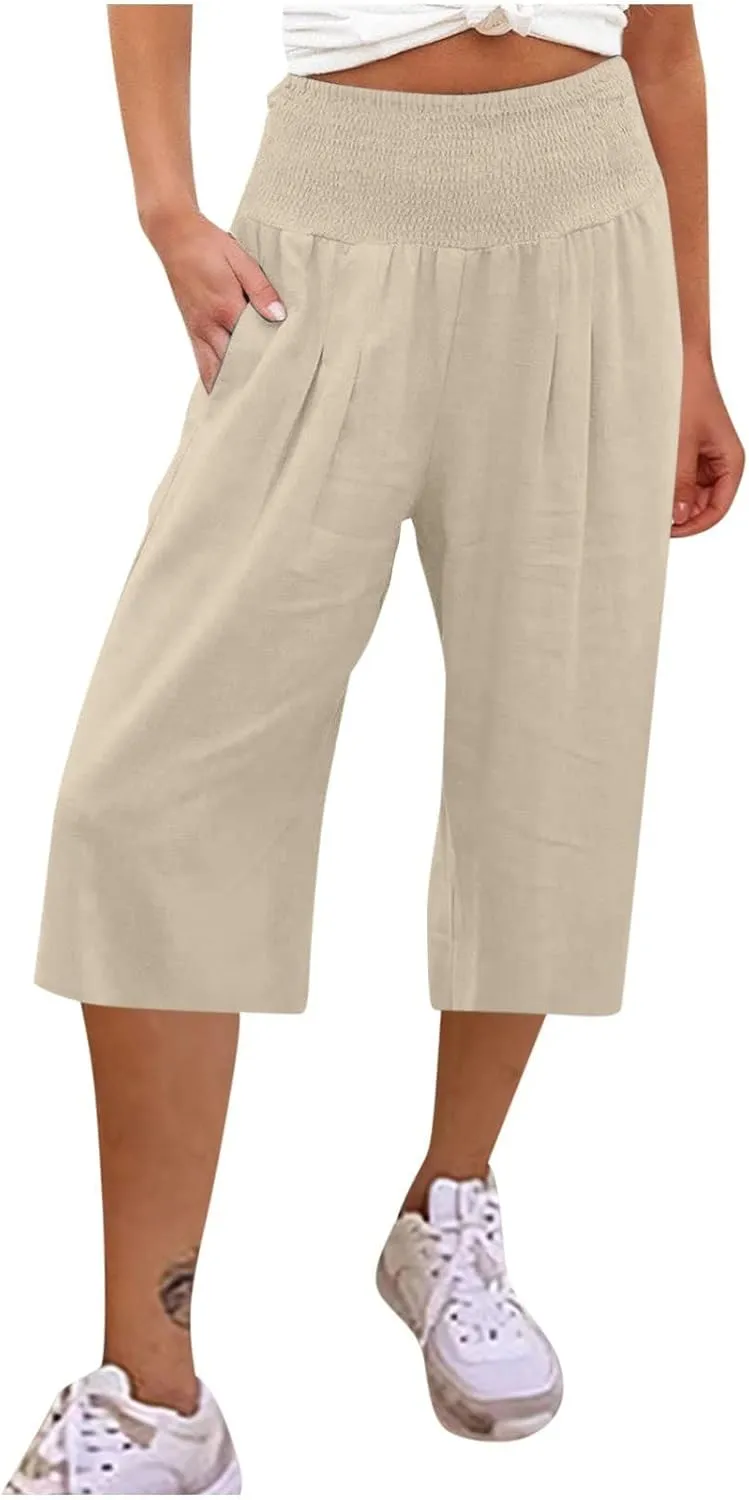 NBXNZWF Capris Pants for Women Cotton Linen 2025 Casual Summer Straight Wide Leg Loose Elastic High Waist Cropped Trouser