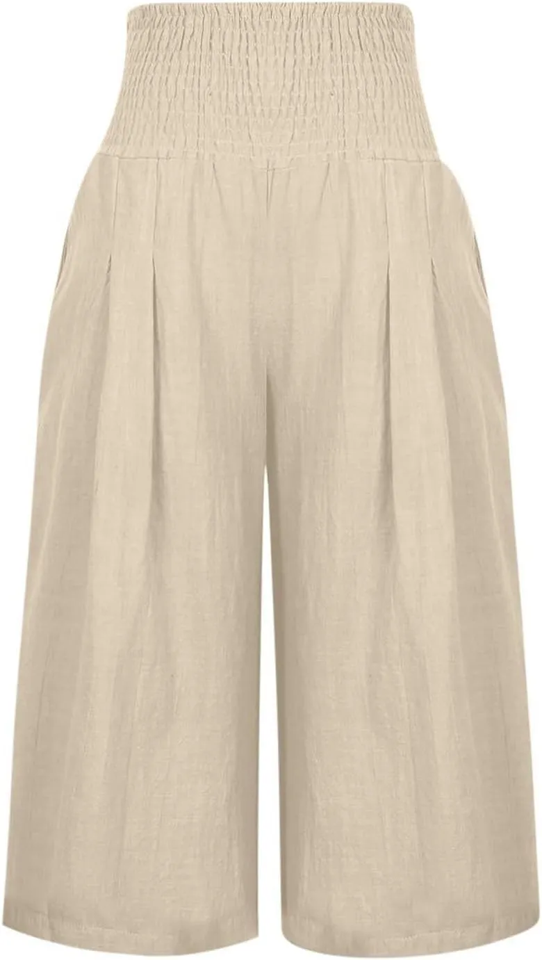 NBXNZWF Capris Pants for Women Cotton Linen 2025 Casual Summer Straight Wide Leg Loose Elastic High Waist Cropped Trouser