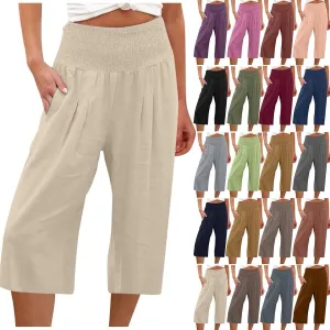 NBXNZWF Capris Pants for Women Cotton Linen 2025 Casual Summer Straight Wide Leg Loose Elastic High Waist Cropped Trouser