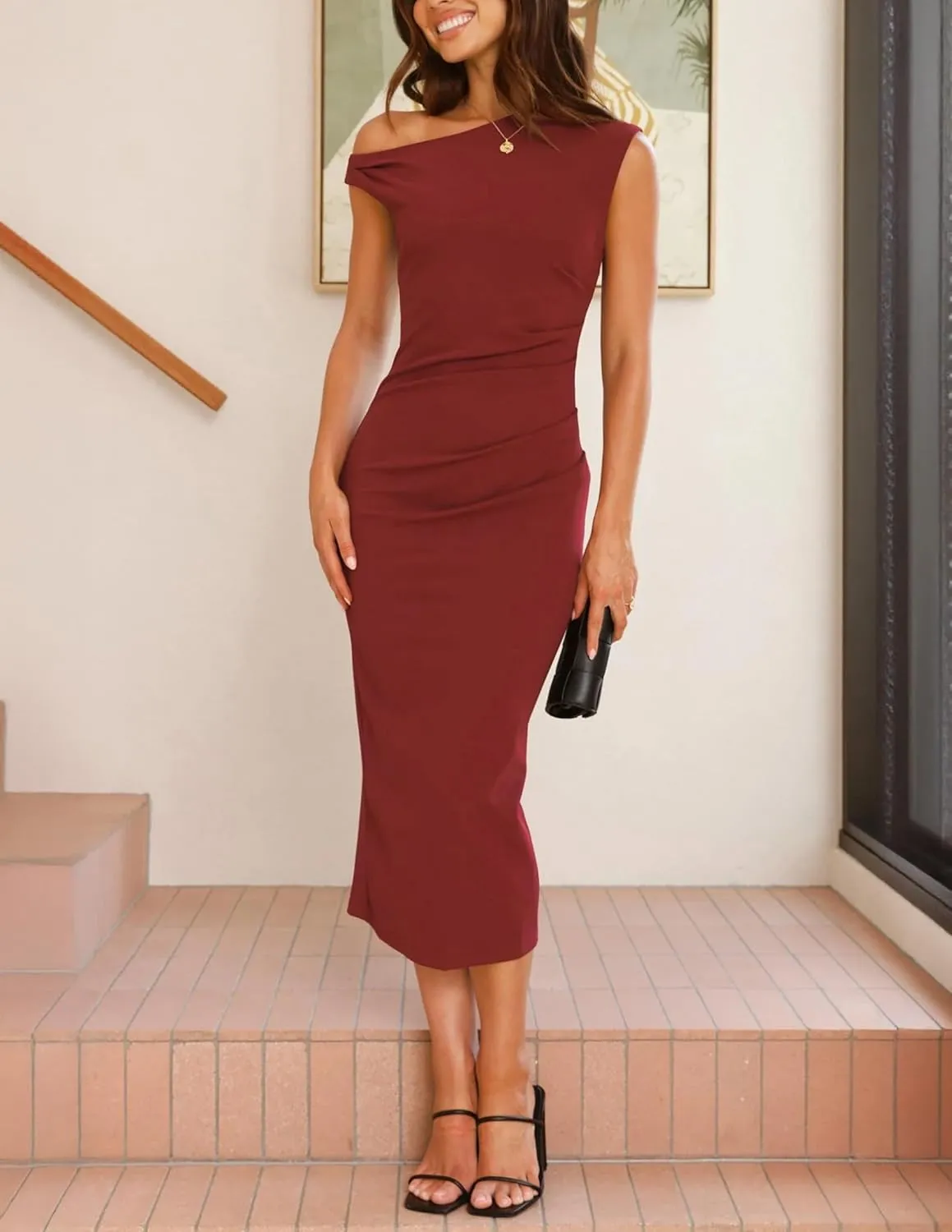Nova In Sky Women's 2025 Summer Bodycon Midi Dress One Shoulder Wear to Work Ruched Slit Formal Cocktail Wedding Guest Dress