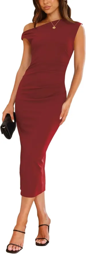 Nova In Sky Women's 2025 Summer Bodycon Midi Dress One Shoulder Wear to Work Ruched Slit Formal Cocktail Wedding Guest Dress