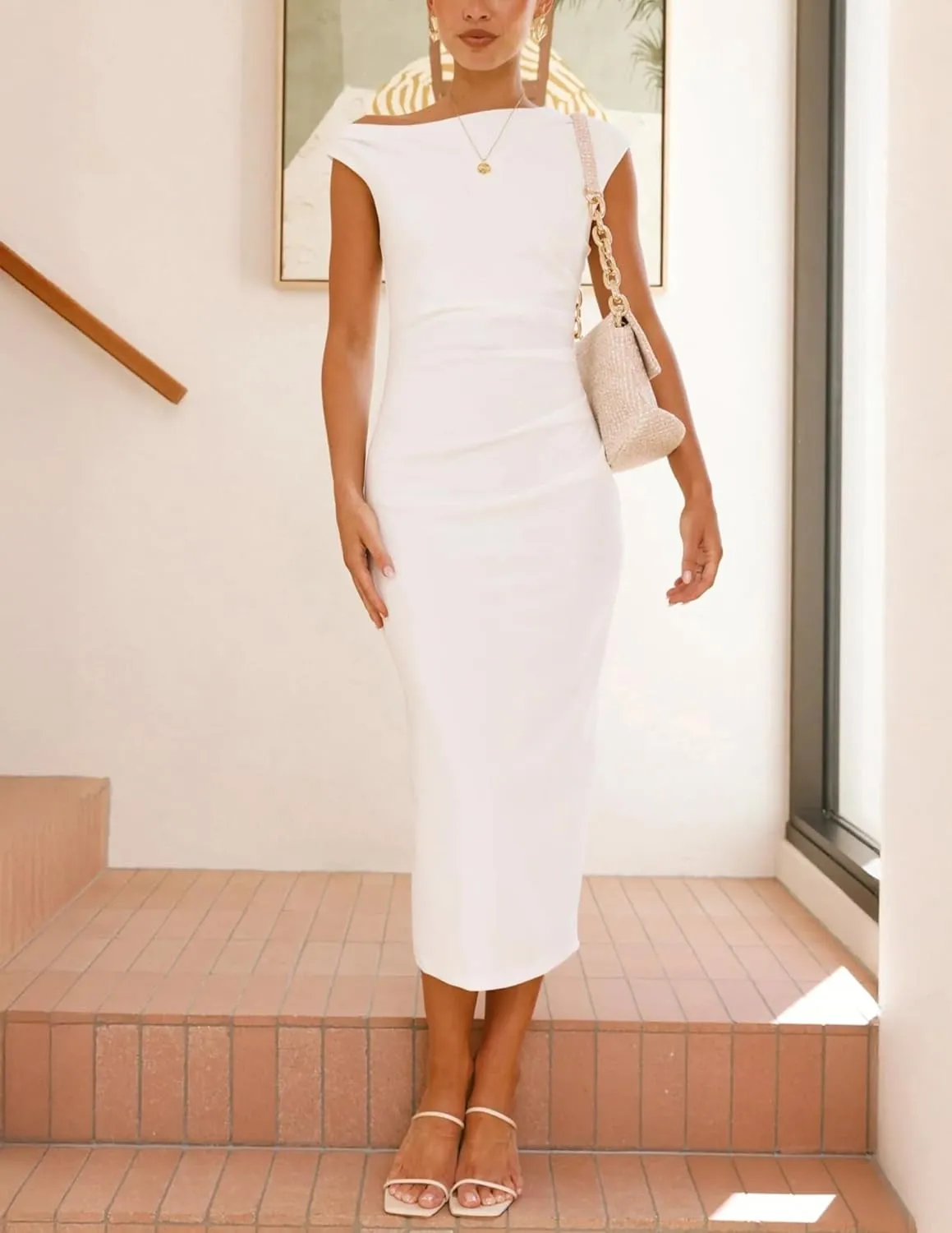 Nova In Sky Women's 2025 Summer Bodycon Midi Dress One Shoulder Wear to Work Ruched Slit Formal Cocktail Wedding Guest Dress