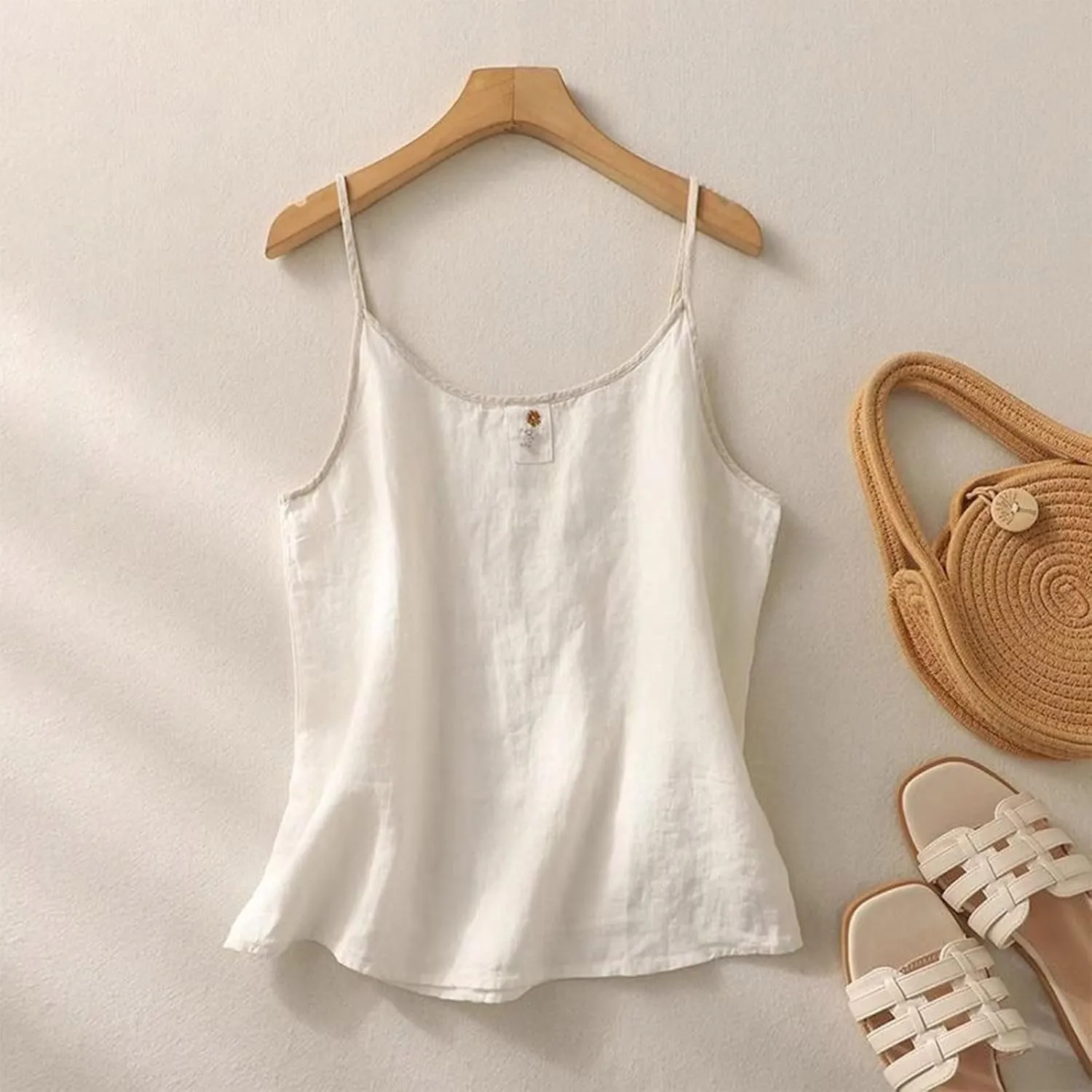 Oplxuo Cotton Linen Tank Tops Women Trendy Spaghetti Strap Sleeveless Shirts Casual Fashion Solid Summer Loose Fit Camisole