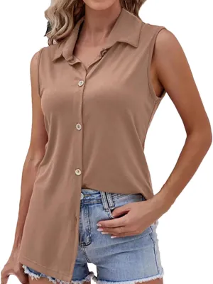 Oplxuo Women's Sleeveless Button Down Shirts Collared Work Blouses Solid Casual Loose V Neck Tank Tops