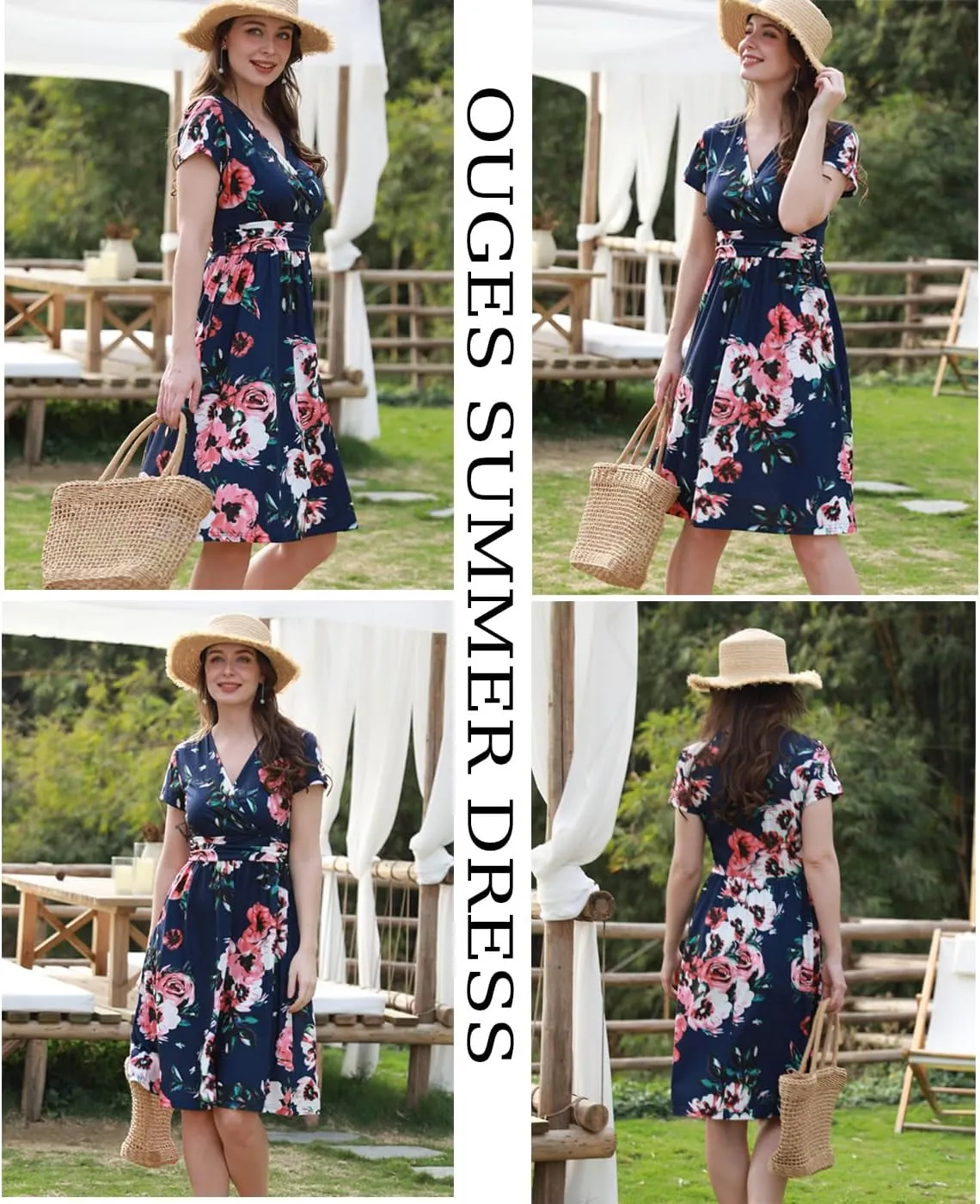 OUGES Women's Summer Short Sleeve V-Neck Floral Short Party Dress with Pockets