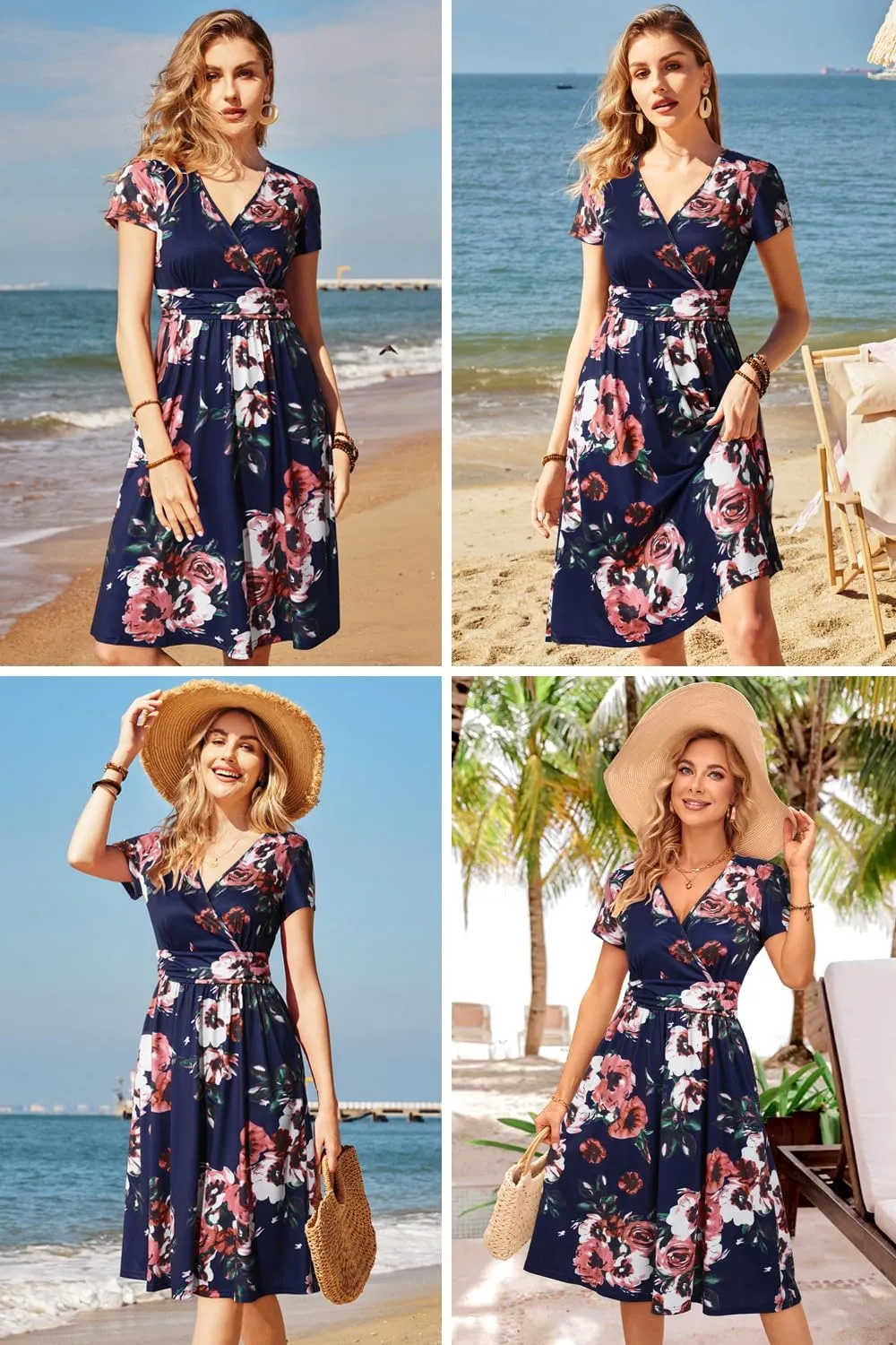 OUGES Women's Summer Short Sleeve V-Neck Floral Short Party Dress with Pockets