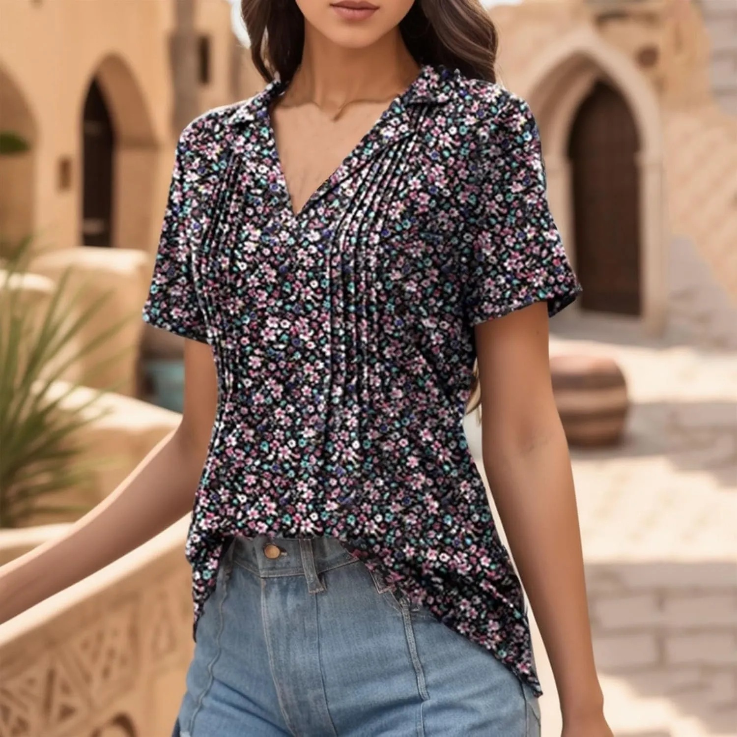 Oversized Hoodie,Women's Summer Tops Tie Dye Short Sleeved Shirt V Neck T Shirt Casual Loose Shirt