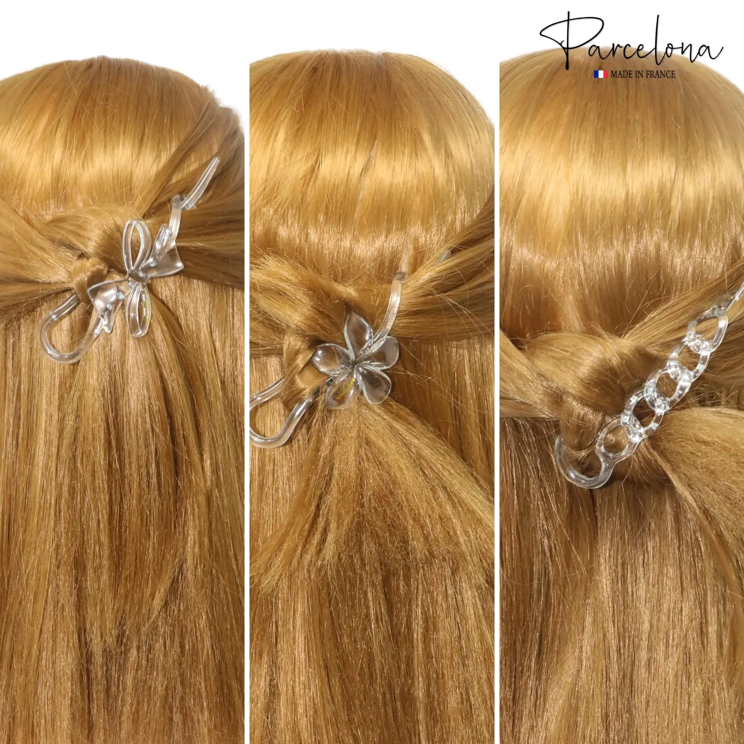 Parcelona French Twist n Clip Flower, Bow and Chain 4" Celluloid Metal Free Hair Barrette Clips Non Slip Women Hair Accessories Hair Clip for Girls, Made in France(Crystal Clear)