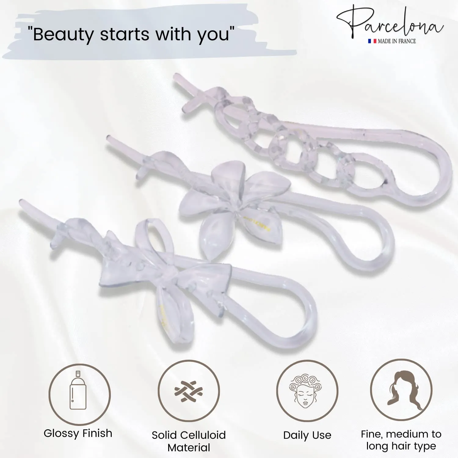 Parcelona French Twist n Clip Flower, Bow and Chain 4" Celluloid Metal Free Hair Barrette Clips Non Slip Women Hair Accessories Hair Clip for Girls, Made in France(Crystal Clear)