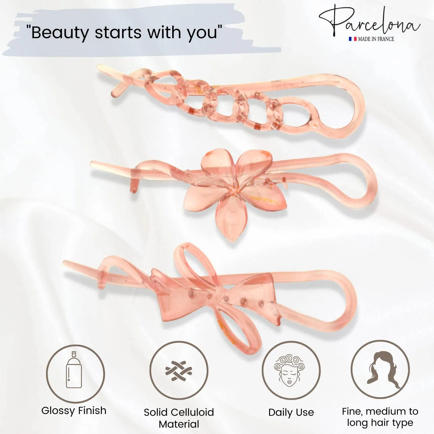 Parcelona French Twist n Clip Flower, Bow and Chain 4" Celluloid Set of 3 Metal Free Hair Barrette Non Slip Fashion Durable Styling Women Hair Accessories, Made in France (Crystal Pink)