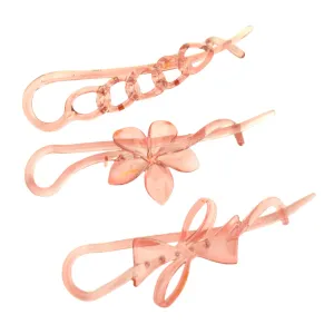 Parcelona French Twist n Clip Flower, Bow and Chain 4" Celluloid Set of 3 Metal Free Hair Barrette Non Slip Fashion Durable Styling Women Hair Accessories, Made in France (Crystal Pink)