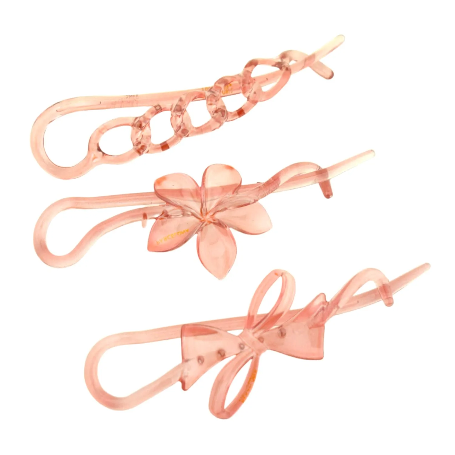 Parcelona French Twist n Clip Flower, Bow and Chain 4" Celluloid Set of 3 Metal Free Hair Barrette Non Slip Fashion Durable Styling Women Hair Accessories, Made in France (Crystal Pink)