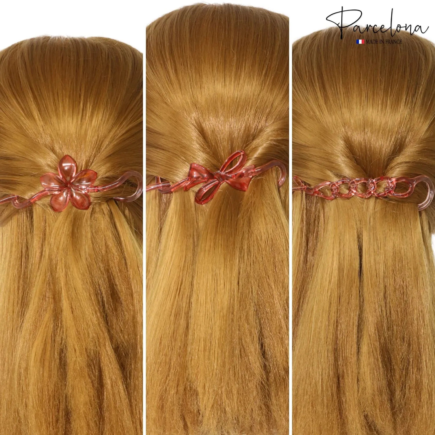 Parcelona French Twist n Clip Flower, Bow and Chain 4" Celluloid Set of 3 Metal Free Hair Barrette Non Slip Fashion Durable Styling Women Hair Accessories, Made in France (Crystal Pink)
