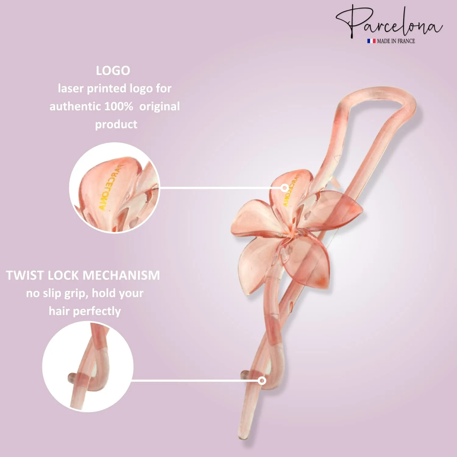 Parcelona French Twist n Clip Flower, Bow and Chain 4" Celluloid Set of 3 Metal Free Hair Barrette Non Slip Fashion Durable Styling Women Hair Accessories, Made in France (Crystal Pink)