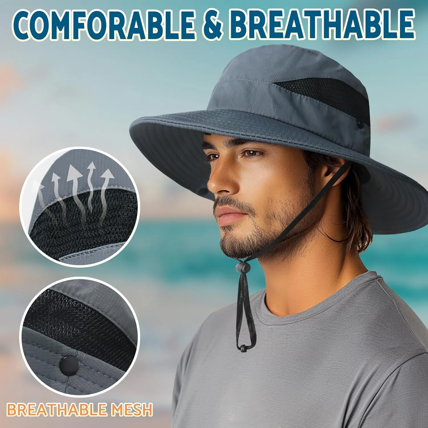PFFY Sun Bucket Hats for Men Women 3” Wide Brim UPF 50  Fishing & Beach Hat