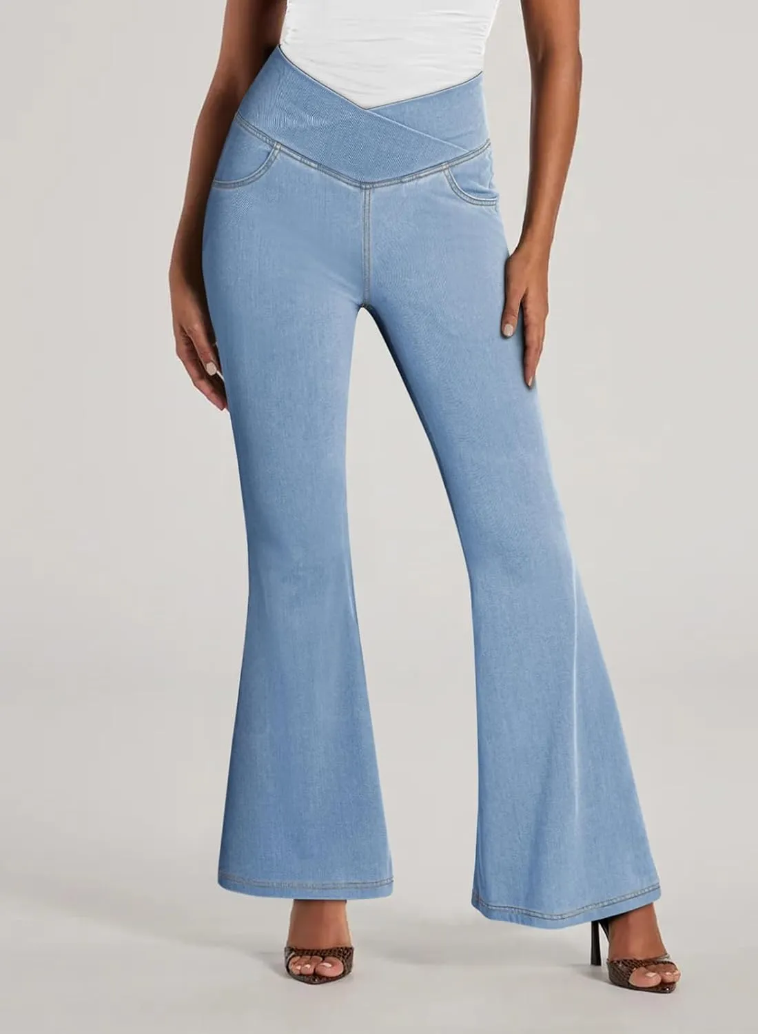 Pink Queen Bell Bottom Jeans for Women Crossover High Waisted Stretchy Denim Leggings Tummy Control Flare Pants with Pockets