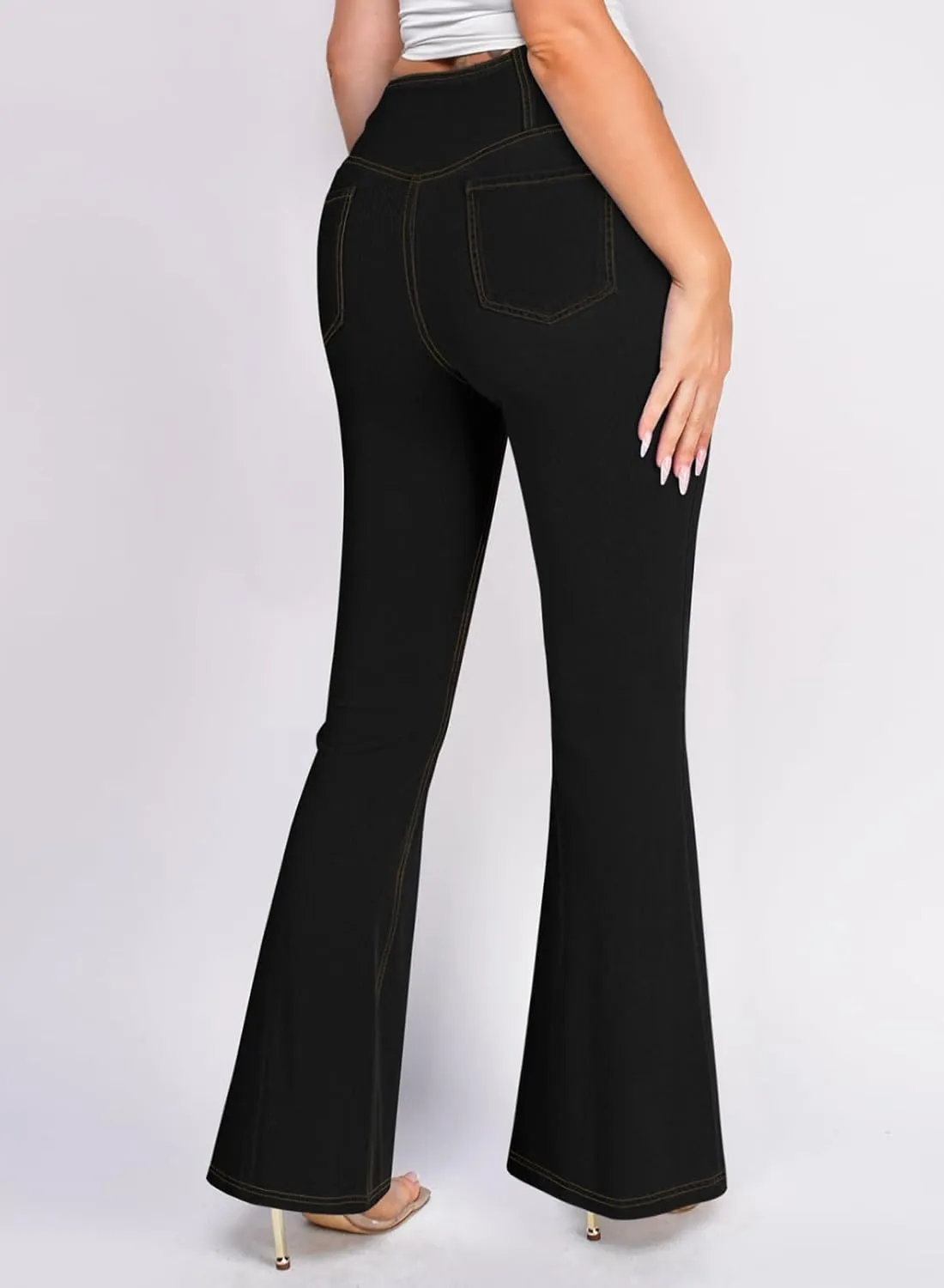 Pink Queen Bell Bottom Jeans for Women Crossover High Waisted Stretchy Denim Leggings Tummy Control Flare Pants with Pockets