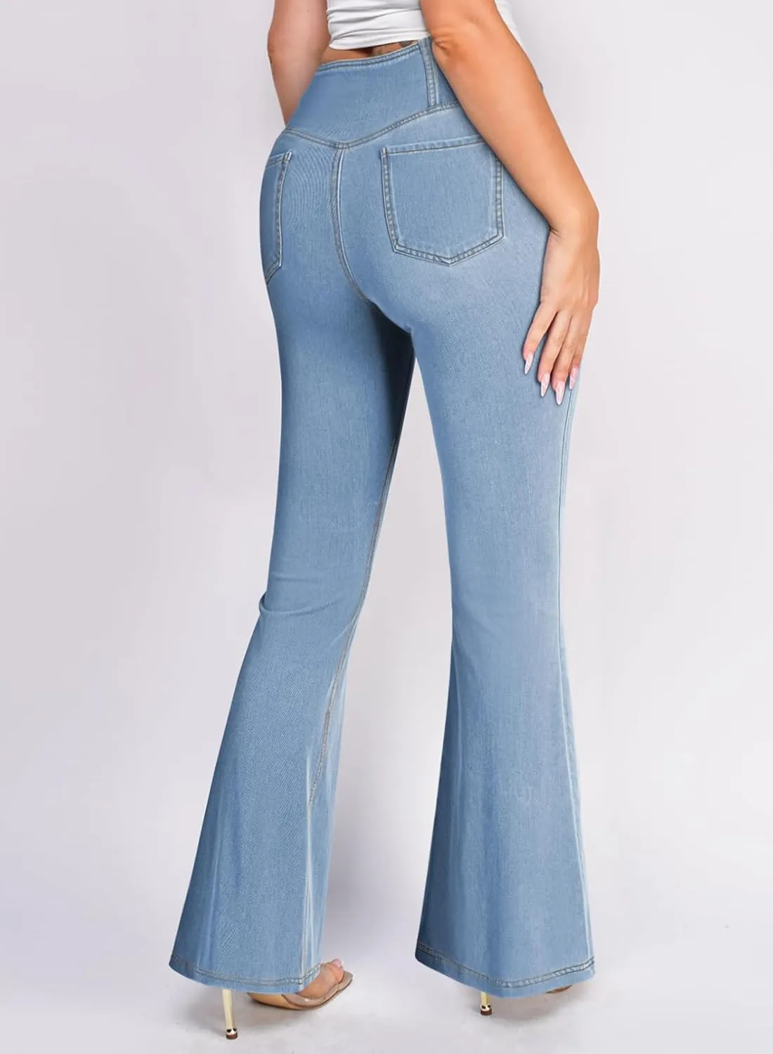 Pink Queen Bell Bottom Jeans for Women Crossover High Waisted Stretchy Denim Leggings Tummy Control Flare Pants with Pockets
