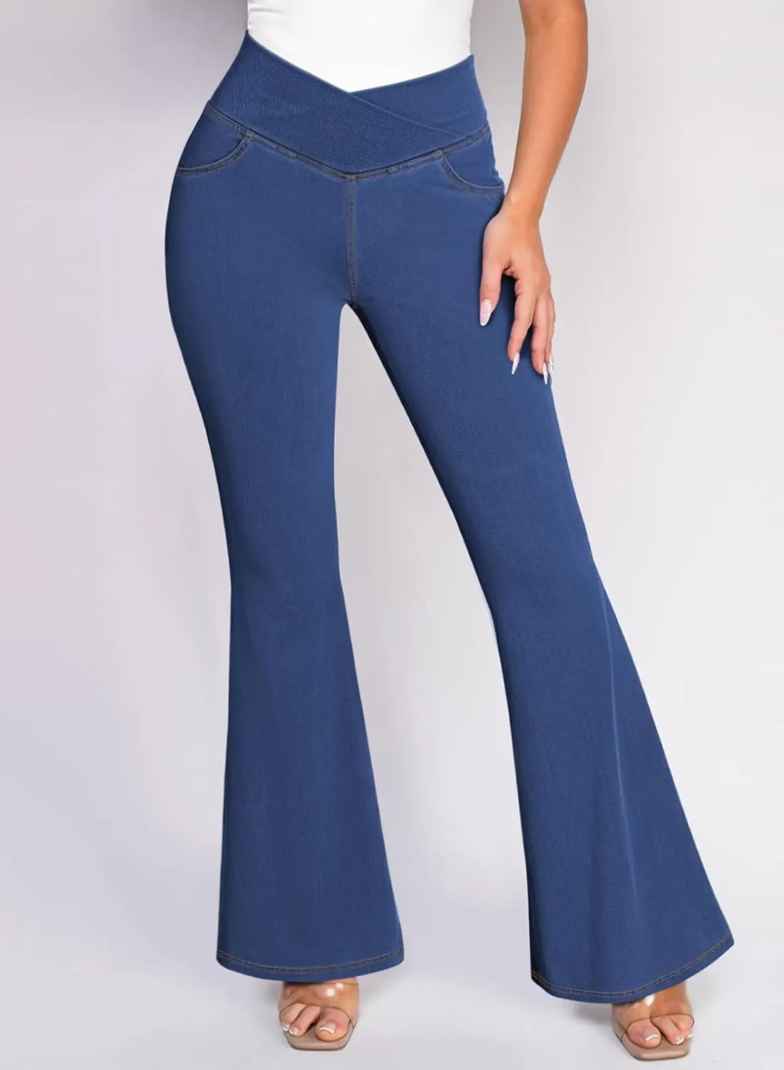 Pink Queen Bell Bottom Jeans for Women Crossover High Waisted Stretchy Denim Leggings Tummy Control Flare Pants with Pockets