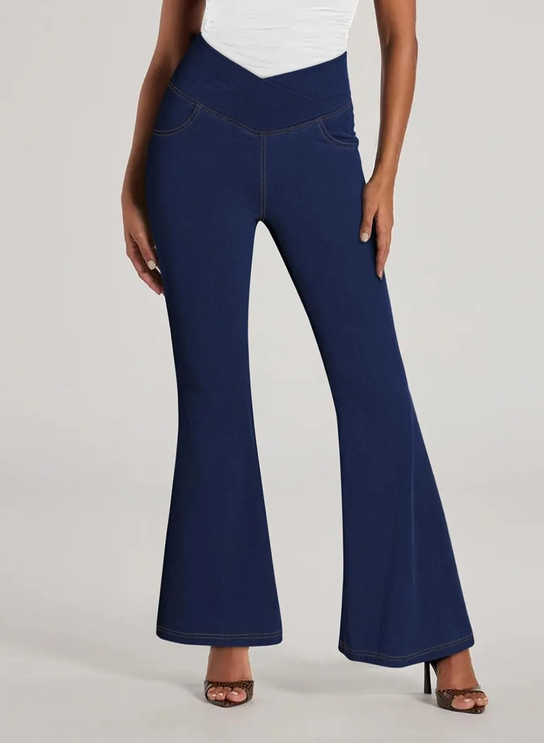 Pink Queen Bell Bottom Jeans for Women Crossover High Waisted Stretchy Denim Leggings Tummy Control Flare Pants with Pockets