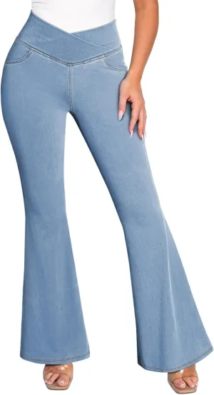 Pink Queen Bell Bottom Jeans for Women Crossover High Waisted Stretchy Denim Leggings Tummy Control Flare Pants with Pockets