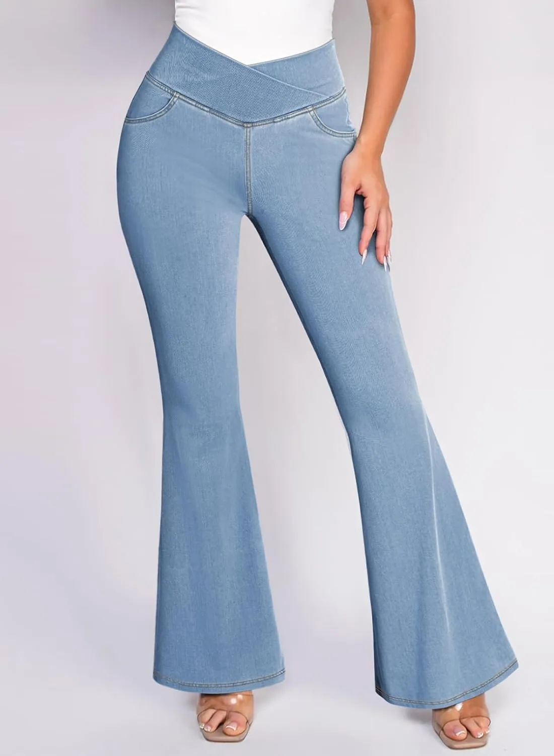 Pink Queen Bell Bottom Jeans for Women Crossover High Waisted Stretchy Denim Leggings Tummy Control Flare Pants with Pockets