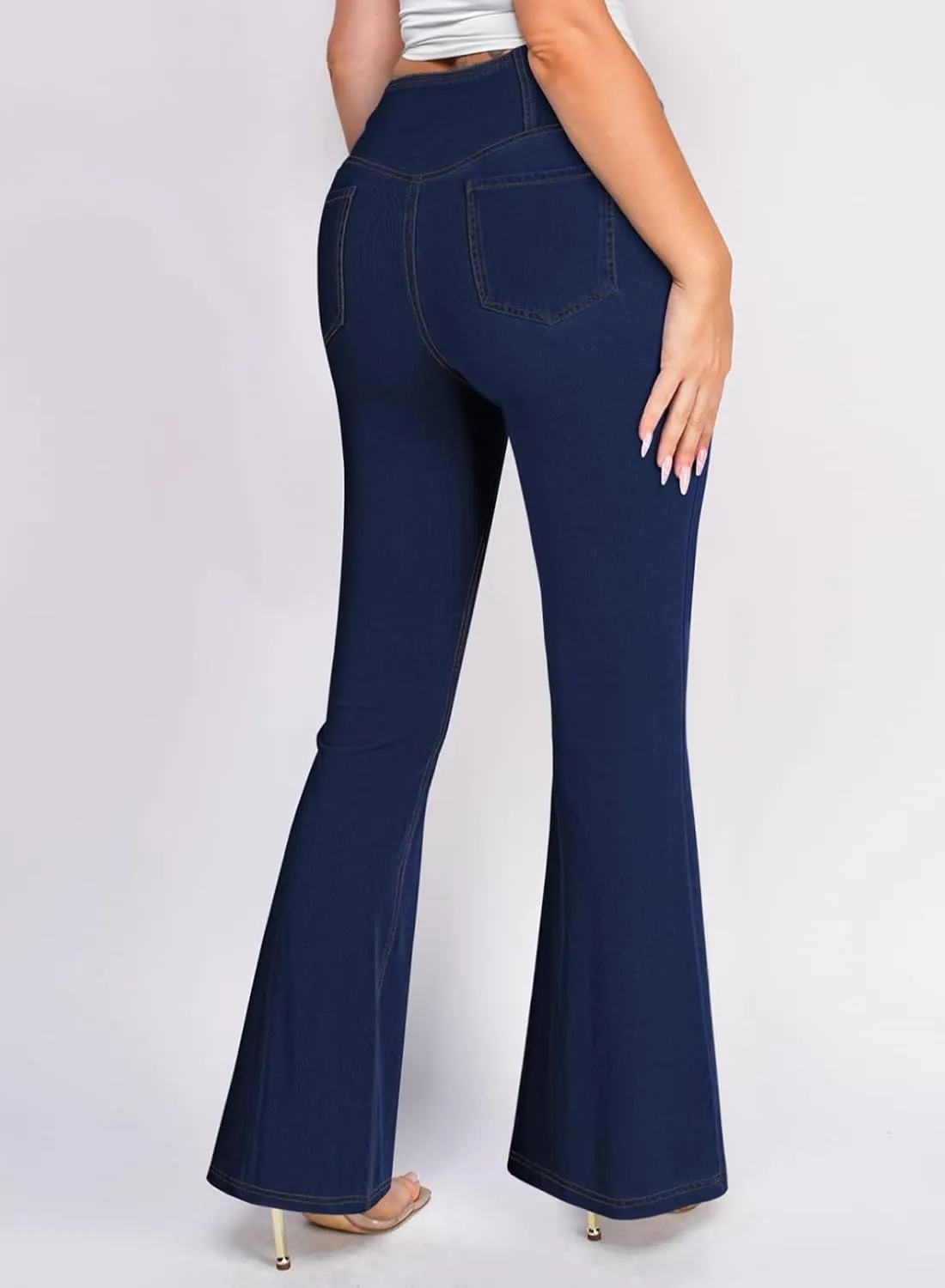 Pink Queen Bell Bottom Jeans for Women Crossover High Waisted Stretchy Denim Leggings Tummy Control Flare Pants with Pockets