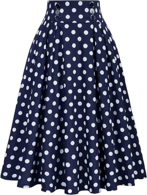 Pleated Skirts for Women Vintage Polka Dot A-line Midi Skirt Button High Waisted Skirt Flowy Long Skirts