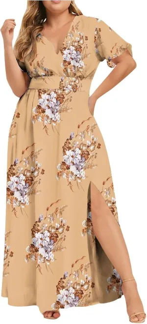 Plus Size Dresses for Curvy Women Wedding Guest Formal Cocktail Maxi V Neck Short Sleeve Split Dress