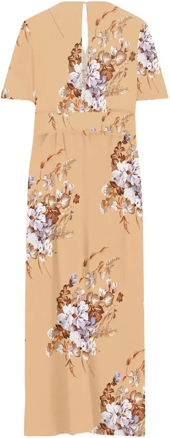 Plus Size Dresses for Curvy Women Wedding Guest Formal Cocktail Maxi V Neck Short Sleeve Split Dress