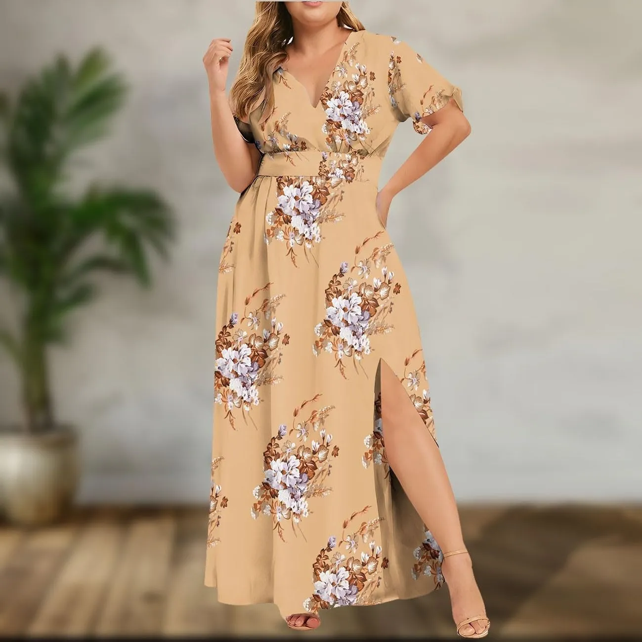 Plus Size Dresses for Curvy Women Wedding Guest Formal Cocktail Maxi V Neck Short Sleeve Split Dress