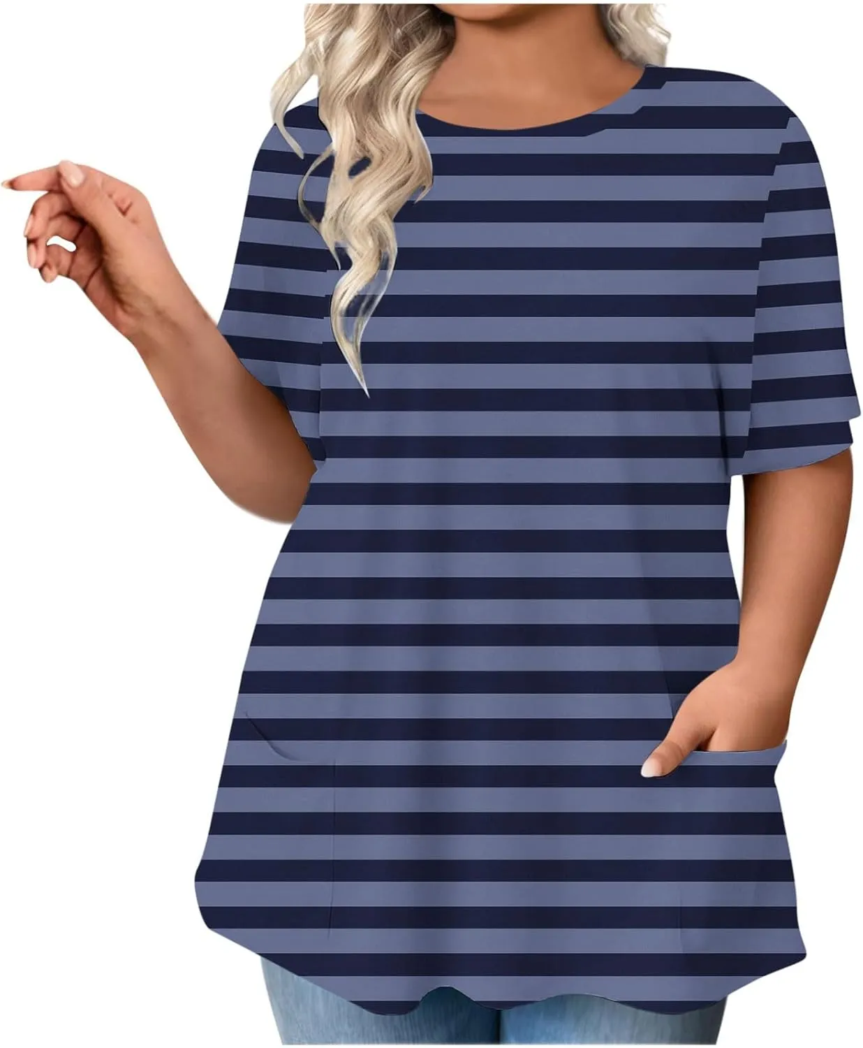 Plus Size Striped Tunic Tops for Women Summer Short Sleeve Crewneck Oversized T Shirt Fashion Cozy Casual Blouse with Pockets