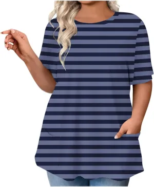 Plus Size Striped Tunic Tops for Women Summer Short Sleeve Crewneck Oversized T Shirt Fashion Cozy Casual Blouse with Pockets