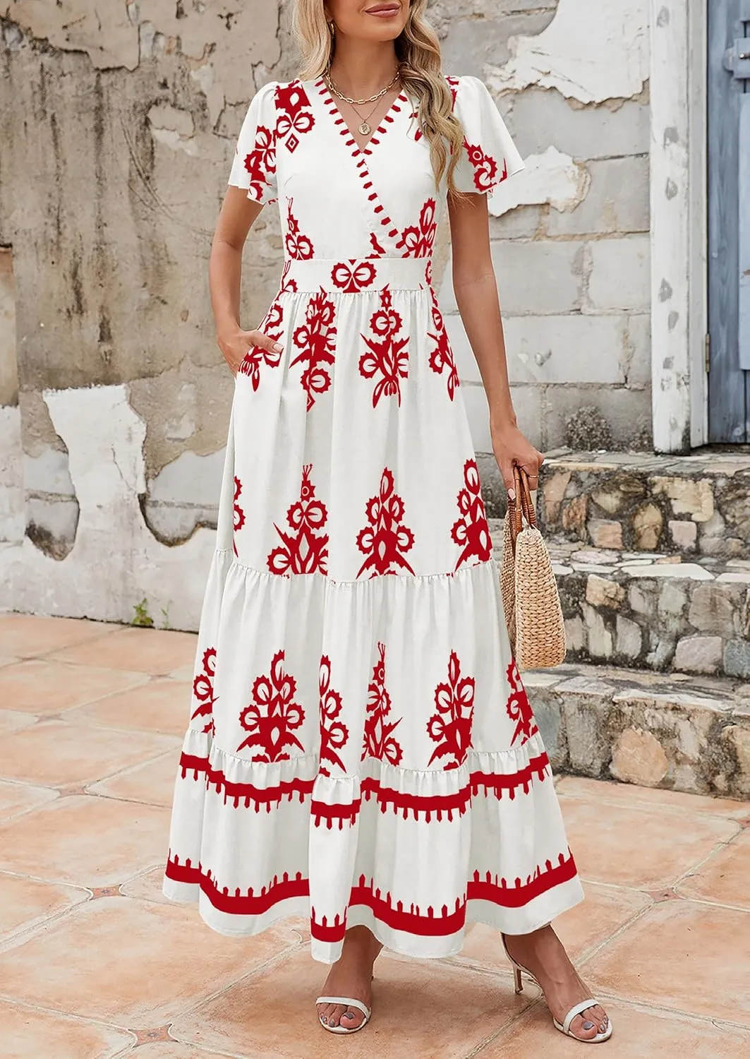 PRETTYGARDEN Womens 2025 Summer Casual V Neck Boho Maxi Dress Flowy Aline Bell Sleeve Tiered Floral Dresses with Pocket