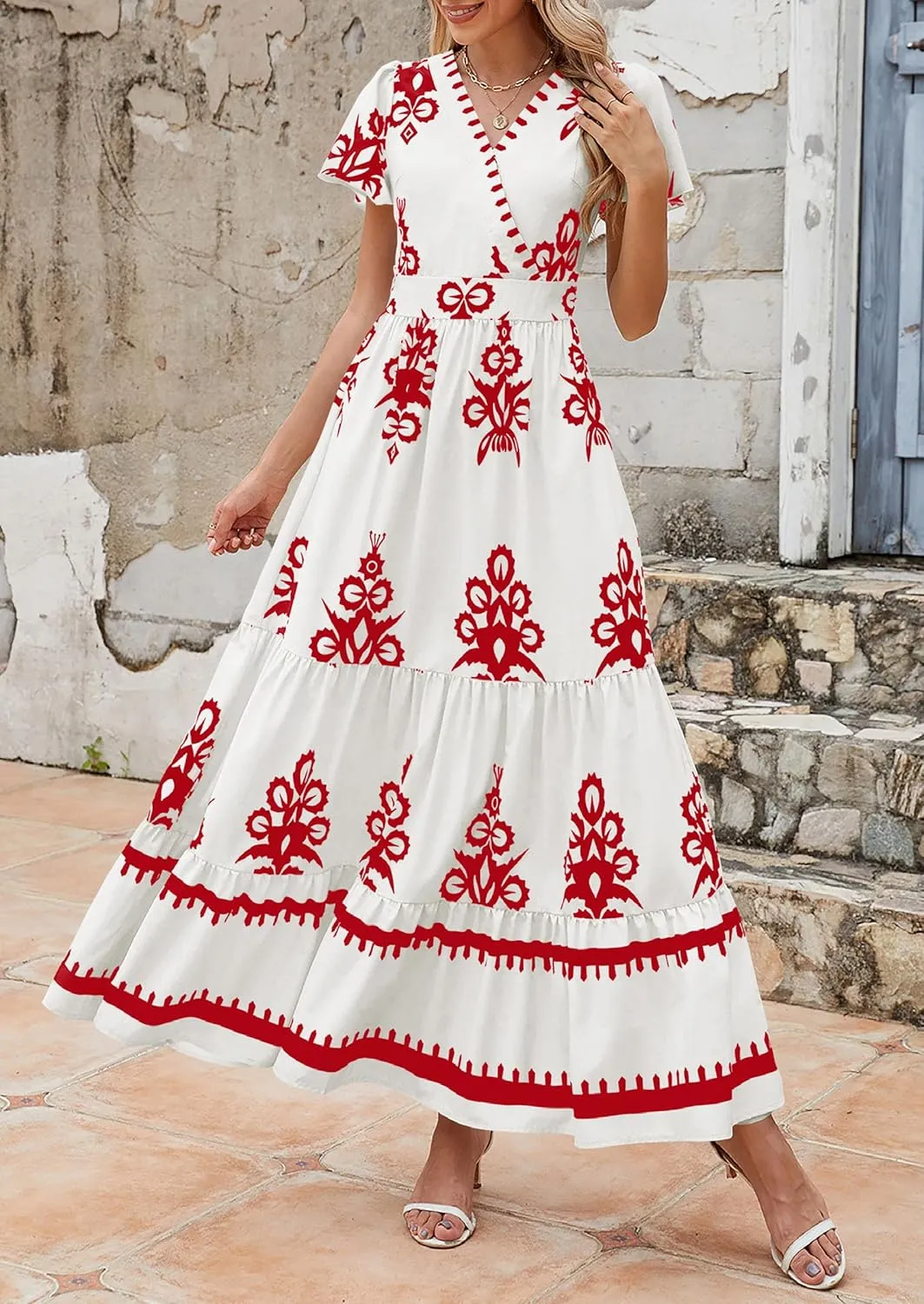 PRETTYGARDEN Womens 2025 Summer Casual V Neck Boho Maxi Dress Flowy Aline Bell Sleeve Tiered Floral Dresses with Pocket