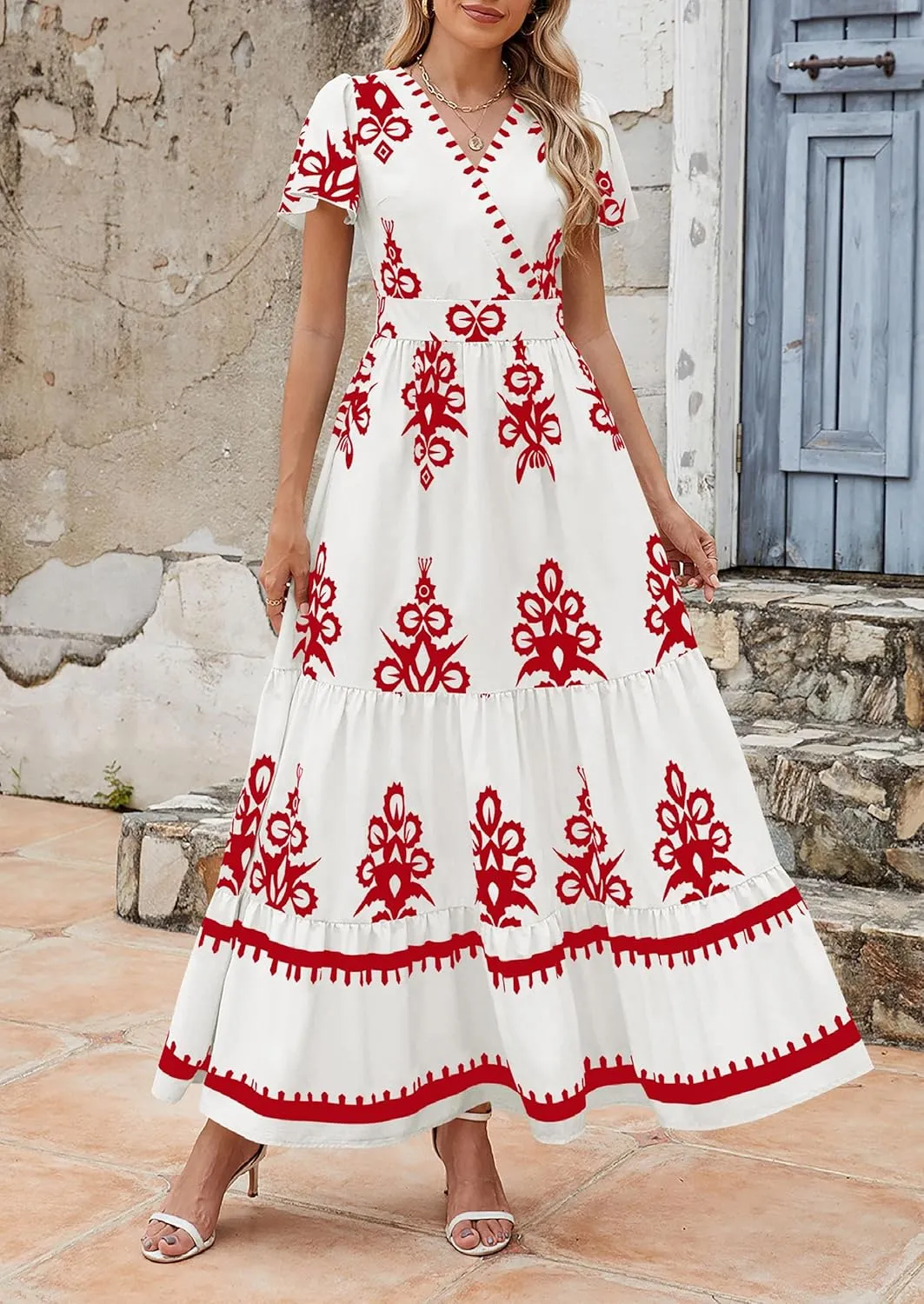 PRETTYGARDEN Womens 2025 Summer Casual V Neck Boho Maxi Dress Flowy Aline Bell Sleeve Tiered Floral Dresses with Pocket