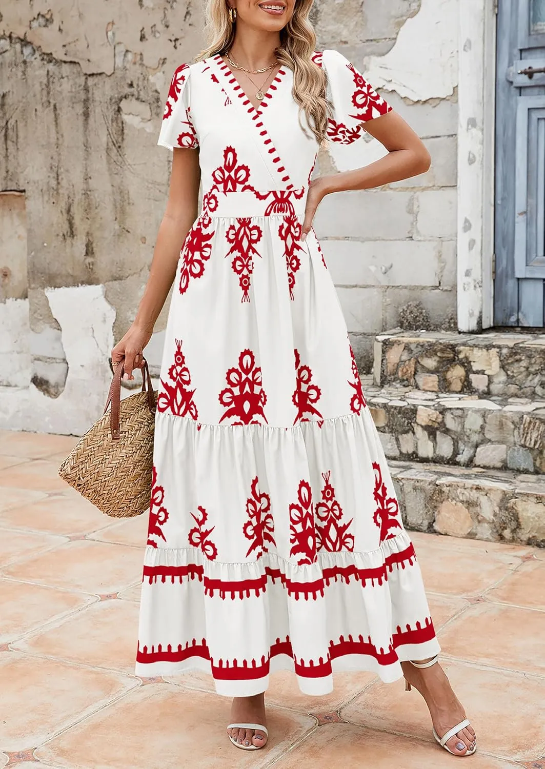 PRETTYGARDEN Womens 2025 Summer Casual V Neck Boho Maxi Dress Flowy Aline Bell Sleeve Tiered Floral Dresses with Pocket