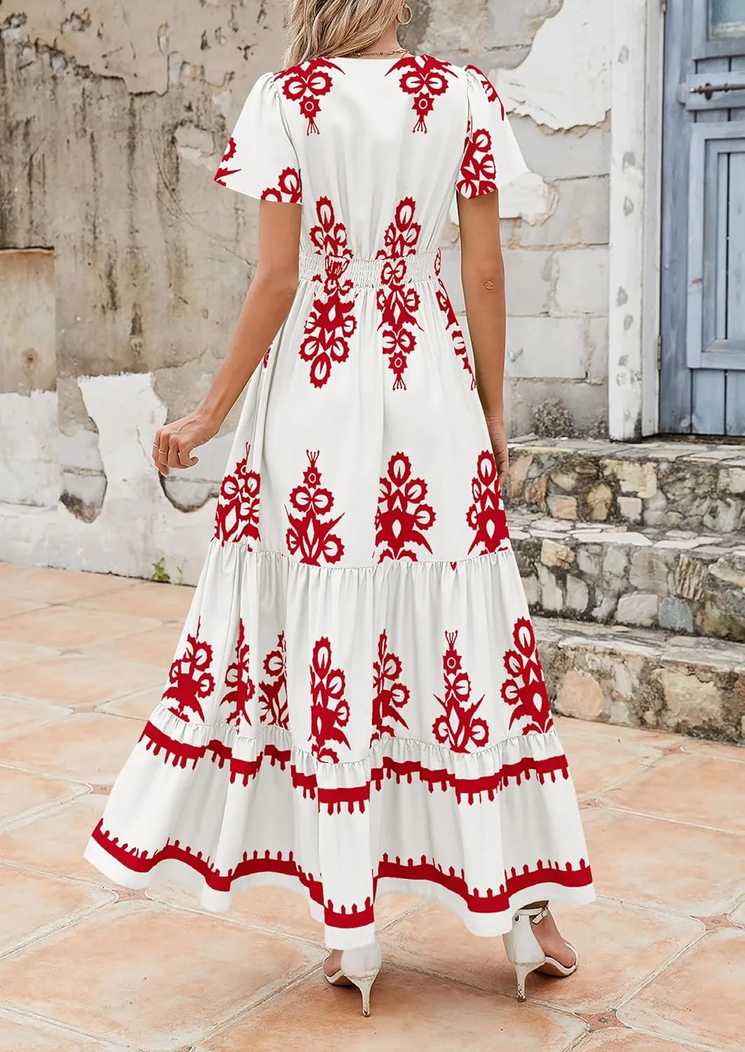 PRETTYGARDEN Womens 2025 Summer Casual V Neck Boho Maxi Dress Flowy Aline Bell Sleeve Tiered Floral Dresses with Pocket