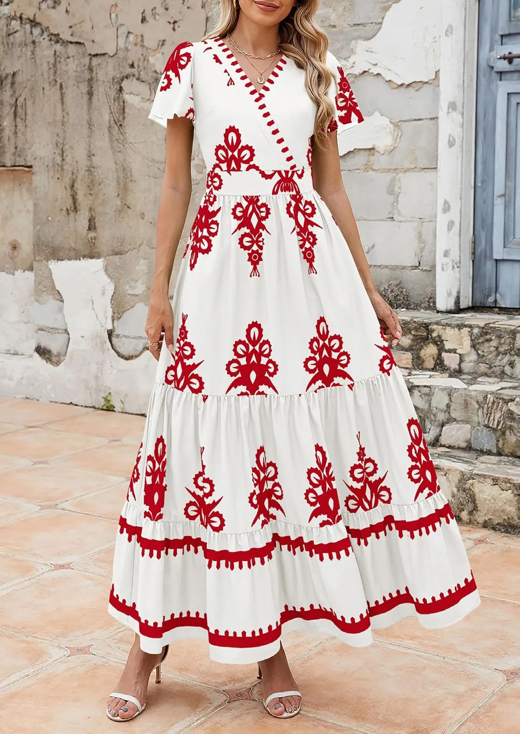 PRETTYGARDEN Womens 2025 Summer Casual V Neck Boho Maxi Dress Flowy Aline Bell Sleeve Tiered Floral Dresses with Pocket