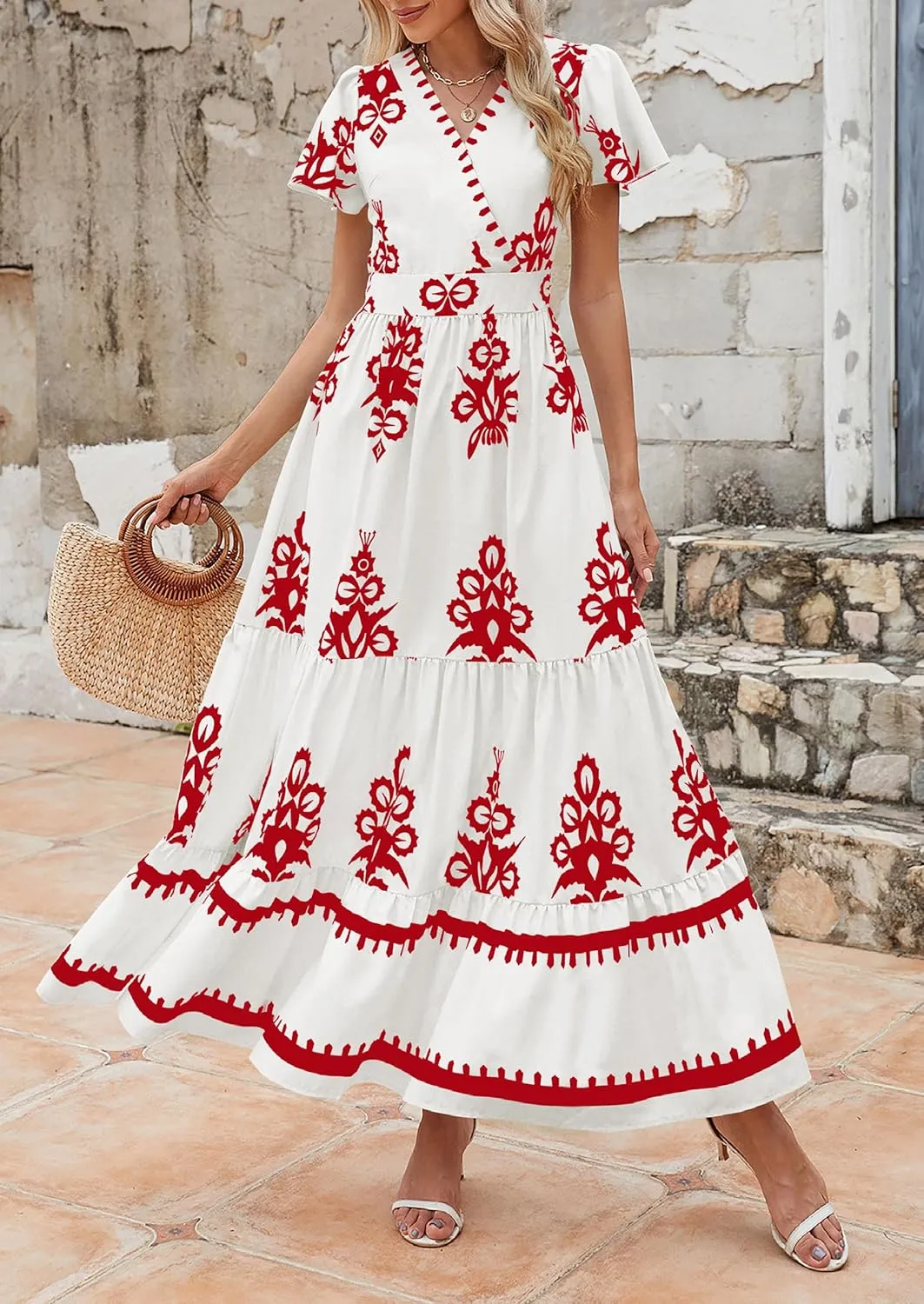 PRETTYGARDEN Womens 2025 Summer Casual V Neck Boho Maxi Dress Flowy Aline Bell Sleeve Tiered Floral Dresses with Pocket