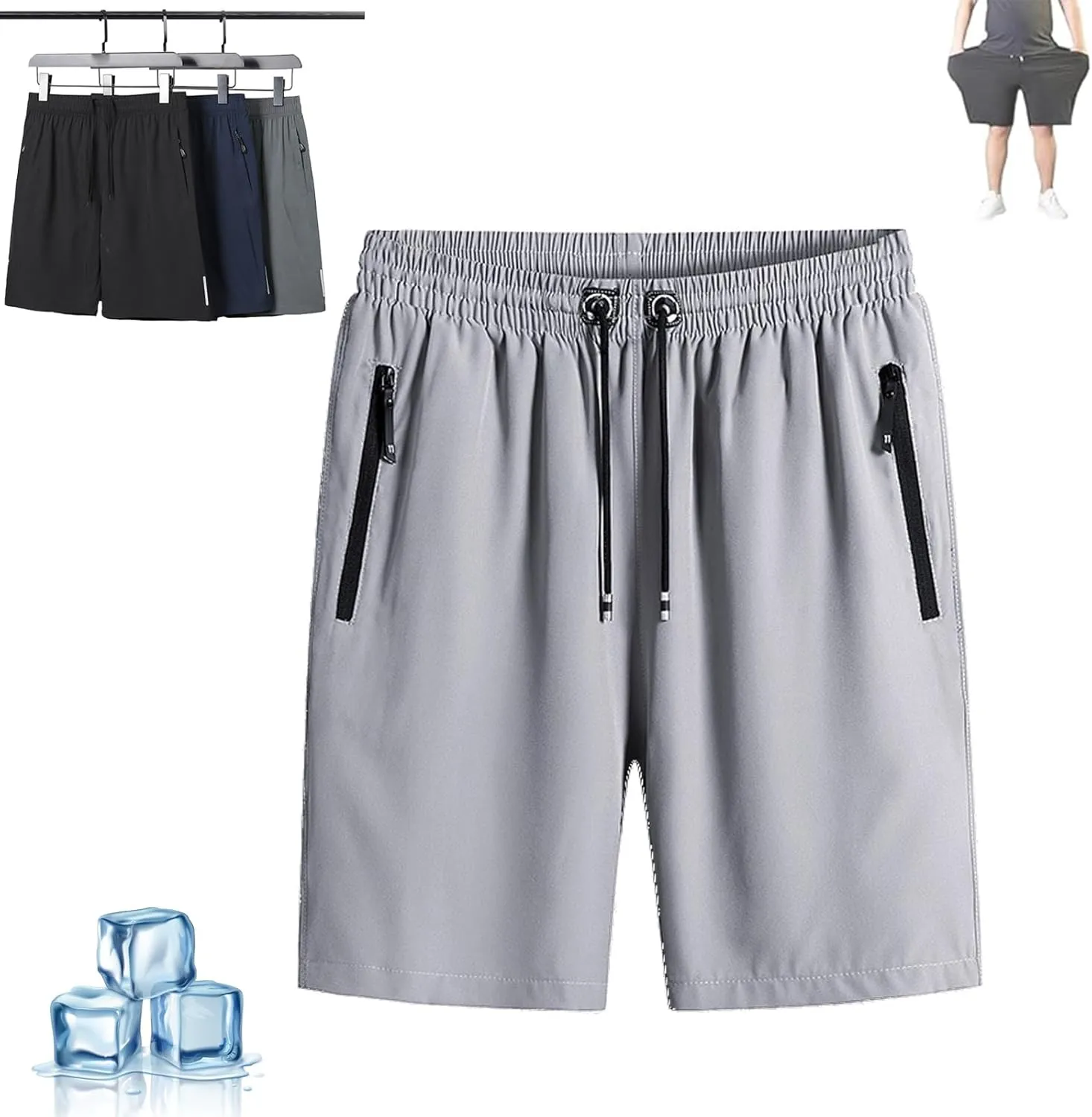 Puliam Shorts,Men's Plus Size Ice Silk Stretch Shorts,Mens Quick Dry Beach Running Shorts with Zippered Pockets