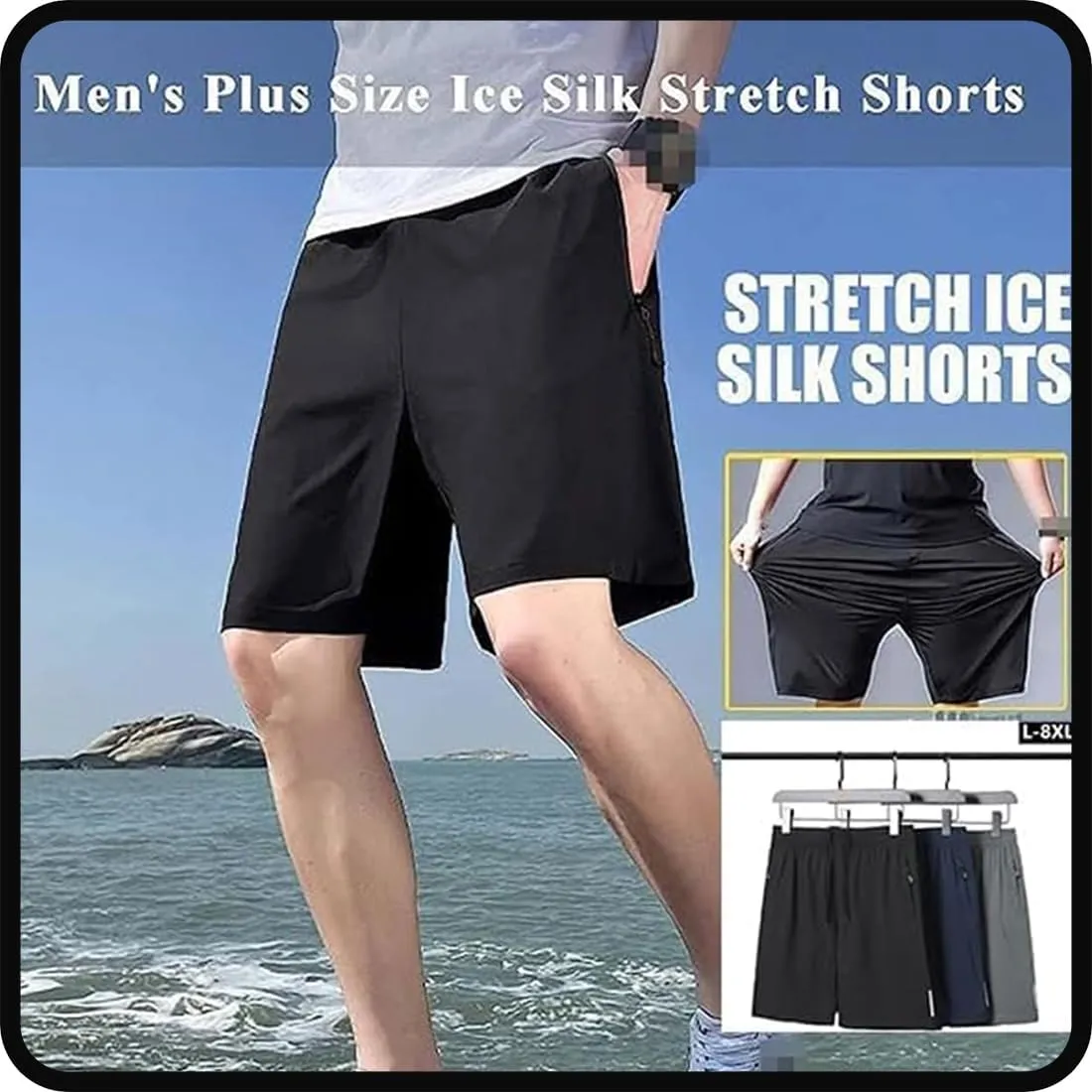 Puliam Shorts,Men's Plus Size Ice Silk Stretch Shorts,Mens Quick Dry Beach Running Shorts with Zippered Pockets