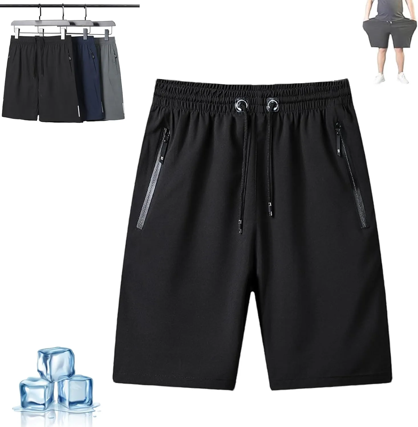 Puliam Shorts,Men's Plus Size Ice Silk Stretch Shorts,Mens Quick Dry Beach Running Shorts with Zippered Pockets